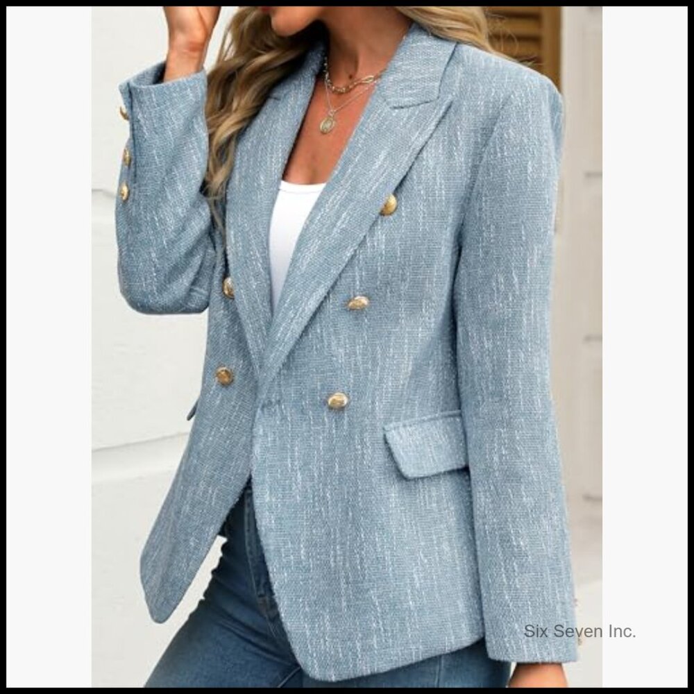 Double-Breasted Tweed Blazer Slim Fit Business Casual Jacket - Picture 3 of 7